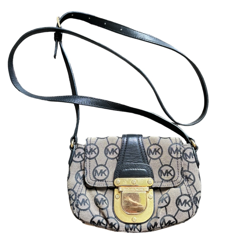Michael Kors Charleston monogram cross body purse in black and beige